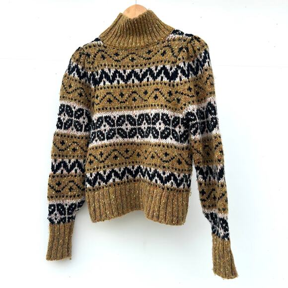 Zara Fair Isle Mustard Yellow Turtleneck Sparkle Holiday Sweater Small Wool - Picture 4 of 8